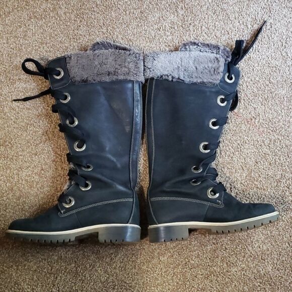 TIMBERLAND Mirney Faux Fur Knee High Lace Up Boots Black Size 6 - Picture 2 of 7
